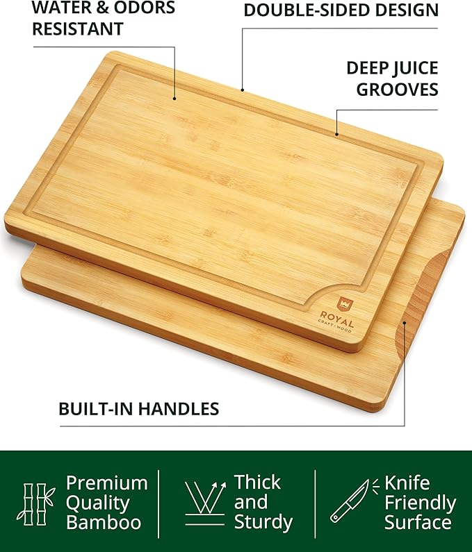 Bamboo Cutting Boards for Kitchen - Kitchen Chopping Board for Meat (Butcher Block) Cheese and Vegetables | Wooden Cutting Board Heavy Duty Serving Tray with Handles (XXL, 20 x 14")