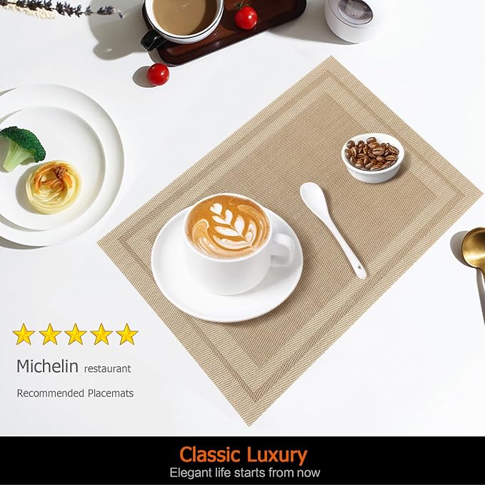 Placemats Set of 8 Washable&Wipeable Place mats for Dining Table Kitchen Indoor Outdoor Table Mats Heat Resistant Non Slip Woven Vinyl Table Placemats (Khaki，8PCS)
