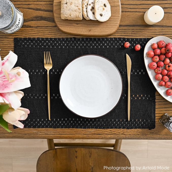 Artoid Mode Black Farmhouse Woven Rustic Hollow Placemats Set of 6,12x18 Inch Seasonal Holiday Table Mats Party Kitchen Dining Decoration
