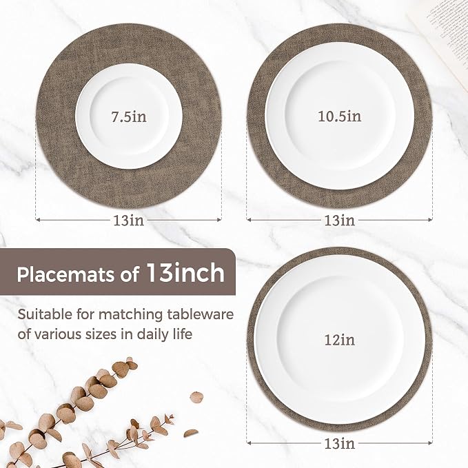 13" Round Placemats Set of 8, Reversible Faux Leather Heat Resistant Table Mats, Waterproof Oilproof Wipeable Table Protective Placemats for Vinyl, Washable for Indoor & Outdoor Use (8, Dark Coffee)