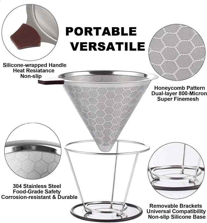 Pour Over Coffee Dripper - 304 Stainless Steel Filter, Paperless & Reusable Dual-Layer Metal with Base, 800 Mesh Steel Cone Filter, for 1-6 Cups Brew Coffee Maker (Brown)