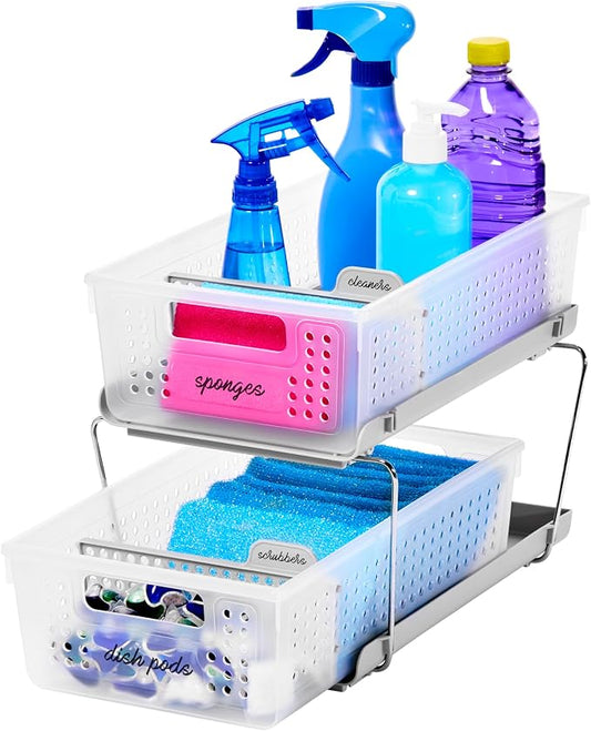 madesmart 2 Tier Organizer, Under Cabinet Storage with Pull Out Sliding Drawers, for Cleaning Supplies, Pantry, Undersink, Sponges, Bottles & Bath, Adjustable Dividers & Pull Out Baskets, Frost