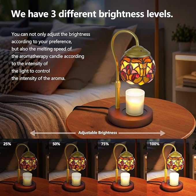 Baroque Tiffany Candle Warmer Lamp with Wood Base - Height Adjustable, 2/4/8H Timer, 4-Level Dimmer - Includes 2 GU10 Bulbs - Vintage Aesthetic Room Decor & Gifts for Women, Fits Candles up to 5"