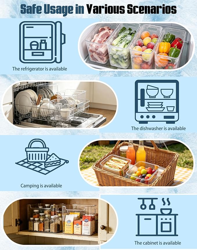 Crystal Clear Freezer Storage Bins - 4 Pack Clear Plastic Bins for Refrigerator and Pantry, Stackable Kitchen Cabinet Organizer with Handles for Frozen Food, Meat & Veggies (2L+2S)