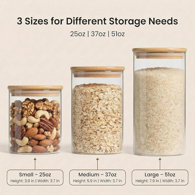 Airtight Glass Storage Containers with Lids Set of 6, 25 /37 /50oz Square Glass Jars with Bamboo Lids, Kitchen Canister Set for Pantry Organization Food Storage for Flour Sugar Rice Pasta Cereal