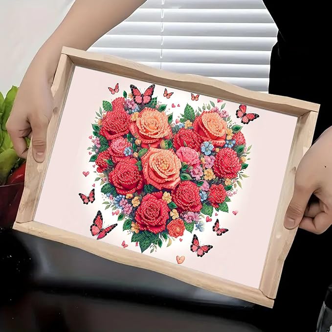 BAYUNOE DIY Diamond Serving Tray Rectangular Wooden Breakfast Tray with Handle Handmade Diamond Art Painting Spring Creative Dinner Plate Coffee Room Living Home Organizer-Rose Heart