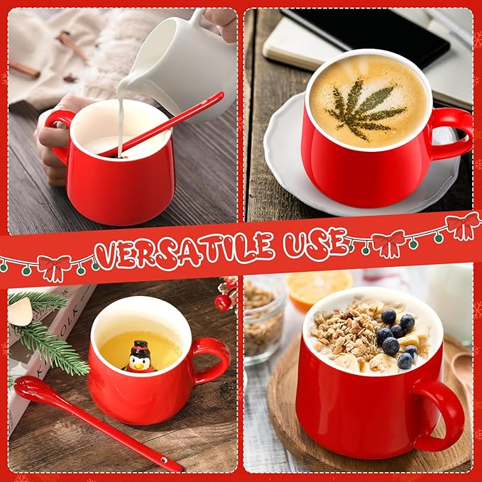 Uiifan 2 Sets 3D Christmas Coffee Mugs with Ceramic Spoon Penguin Snowman Cups 13.5 oz Cute Hot Cocoa Mug Animal Inside Mugs Cartoon Ceramic Cup Christmas Gifts for Women Men Birthday Party Supplies