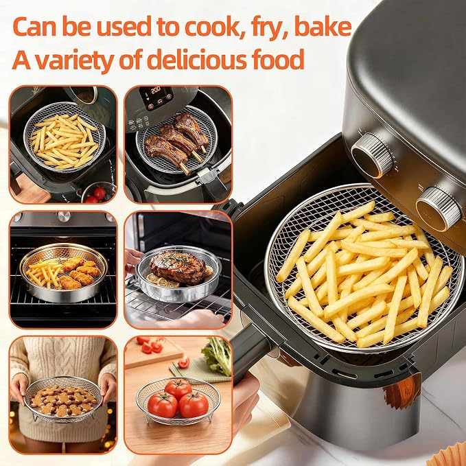 P&P CHEF 7.9 Inch Round Air Fryer Rack Basket Set, 3Pcs Stackable Stainless Steel Air Fryer Baskets Accessories for Roasting, With Anti-scalding Clip & Silicon Feet, Oven & Dishwasher Safe