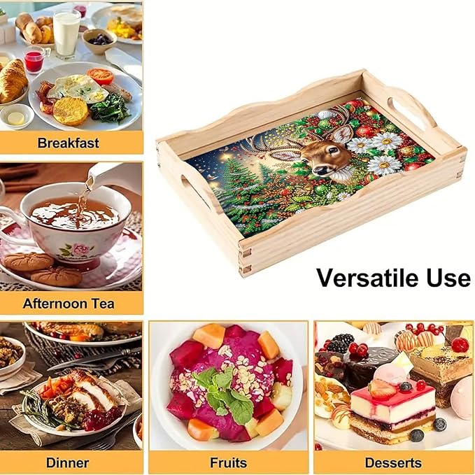 DIY Diamond Serving Tray with Handle Handmade Gem Painting Wooden Rectangular Breakfast Tray for Dinner Plate Coffee Room Living Home Organizer-Christmas Deer