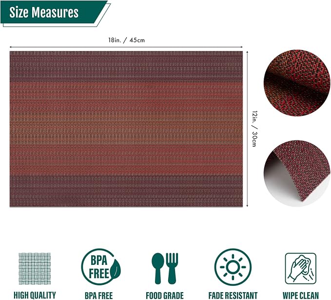 Winknowl Placemats Set of 8, Washable Vinyl Woven Placemats, Heat Resistant & Wipeable Table Mats for Kitchen Dining Table (Red)