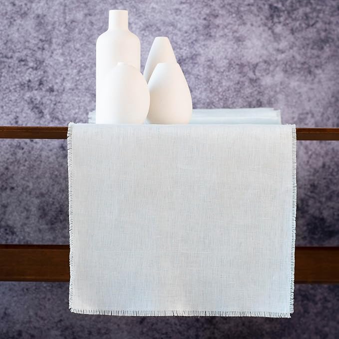 Table Runner with Fringe- 14x48 inches Long Blue, 100% Pure Linen Runner for Table, Light Blue Table Runner for Spring and Summer – Machine Washable, Handmade