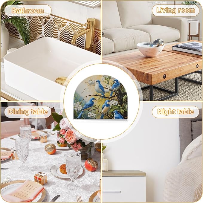 Fustylead Blue Bird White Flower Patterned Napkin Holder for Table Acrylic Vertical Napkin Holders for Paper Napkins Decor Napkin Dispenser for Home Party Dining Cocktail Kitchen Accessories, 2 PC
