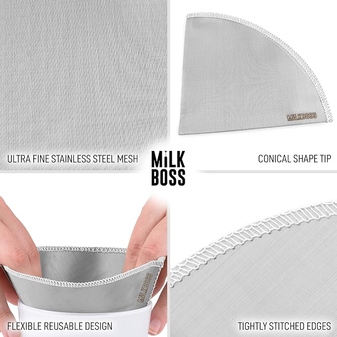 Milk Boss Pour Over Coffee Filter - Permanent Paperless Stainless Steel Reusable Coffee Filter - Flexible Fine Mesh Coffee Filter Reusable For Hario, Chemex, Ovalware, and Other Carafes (Filter #1)