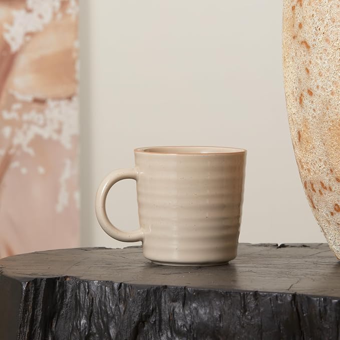 Bico Ceramic Coffee Mugs Set of 4, 17 oz Stoneware Coffee Cups with Handle and Ribbed Texture, Lead-Free Microwave and Dishwasher Safe, Warm Earthy Mug Set for Tea, Latte, Hot Chocolate (Light Beige)
