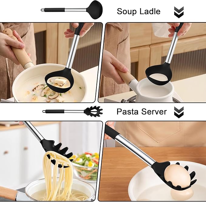 TeamFar Silicone Pasta Fork and Ladle Spoon Set, 2 Pcs Large Nonstick Kitchen Utensils with Stainless Steel Handle for Cooking, Draining, Serving Soup, Sauce, Spaghetti, Healthy & Heat-Proof, Black