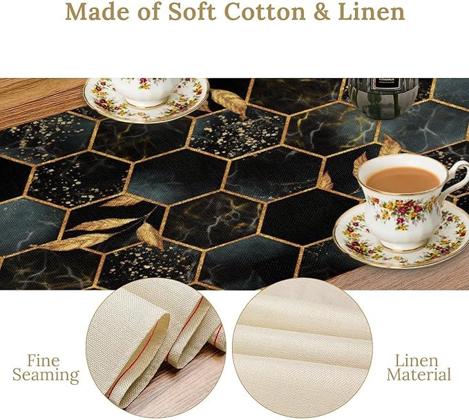 Marble Table Runner, Black and Gold Abstract Geometry Hexagon Modern Luxury Texture Printed Linen Table Runners for Home Farmhouse Kitchen Dining Room Party Holiday Decor 13" W x 90" L