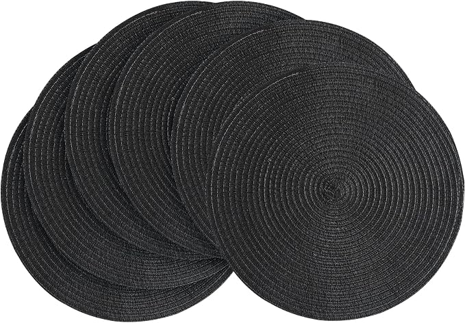 Floroom 15 Inch Round Braided Placemats Set of 6, Washable Heat Resistant Cotton Polyester Circle Place Mats for Kitchen Dining Table - Black