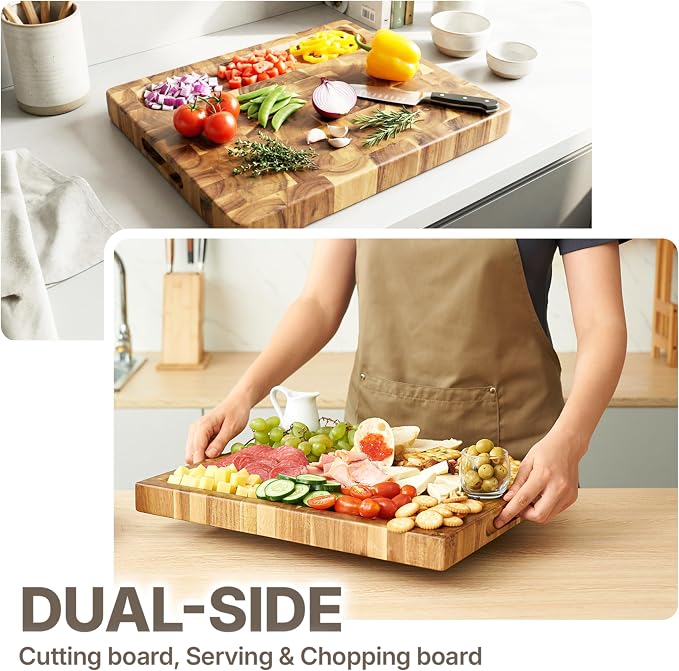 Koppen Acacia Wood End Grain Cutting Board, Knife-Friendly Butcher Block with Juice Groove, Inner Handles, Food Well, Reversible Heavy-Duty Serving & Chopping Board, Gift Box Included, 17 x 13 x 1.5in