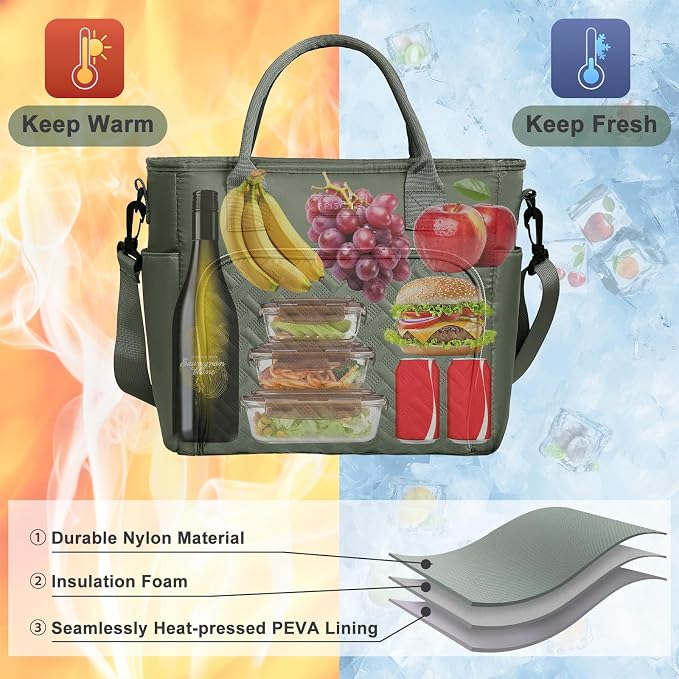 Insulated Lunch Bag for Men Women, Large Leakproof Cooler Bag with Removable Strap, Lunch Box, Reusable Adult Lunch Tote for Work, Picnic and Travel - Army Green