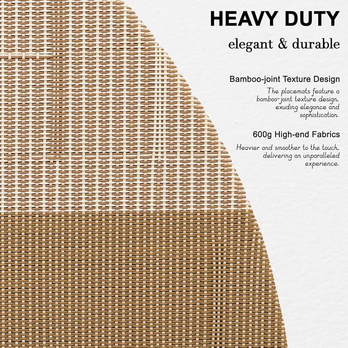 Round Placemats Set of 4, 15 Inch Woven Vinyl Heat Resistant Place Mats, Washable Non Slip PVC Table Mats for Kitchen Dining Party Outdoor Table Decor (Beige Light Brown, 4)