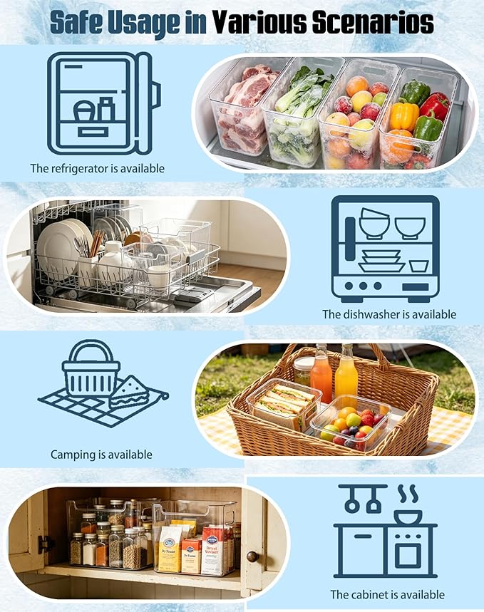 Crystal Clear Freezer Storage Bins - 2026 New Clear Plastic Bins for Refrigerator and Pantry, Stackable Kitchen Cabinet Organizer with Handles for Frozen Food, Meat & Veggies (Green * 2S+2L)