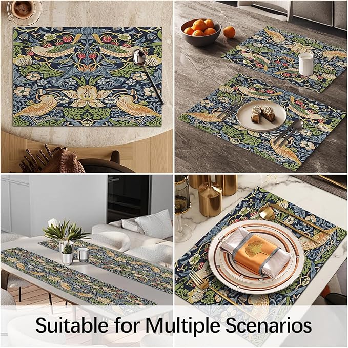 William Morris Placemats Set of 6 Vintage Floral Birds Strawberry Washable Heat Resistant Place Mats for Dining Table Anthropologie Cottagecore Linen Woven Wipeable Table Mats 11.8"X17.7"