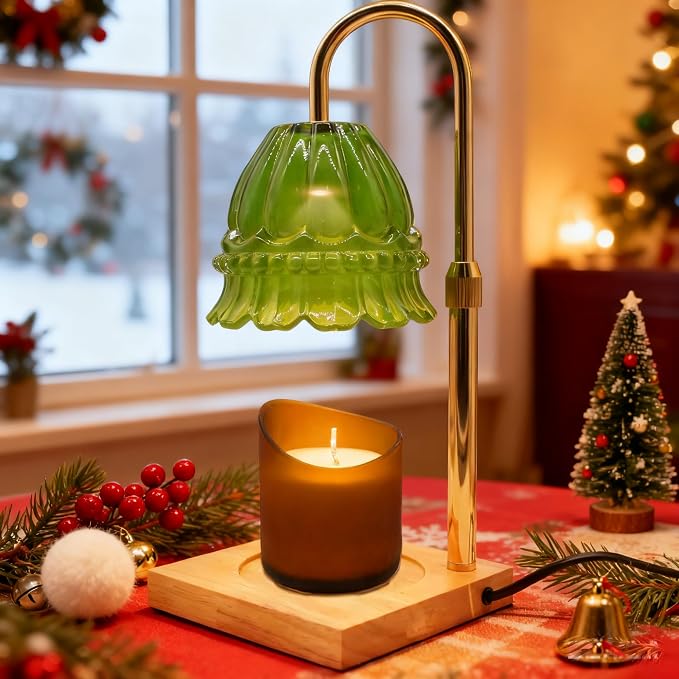 Glass Flower Lampshape Candle Warmer Lamp with Adjustable Height, Wax Burner Lamp with Timer and Dimmer, Wooden Base Candle Warmer, Women's Gifts (Green)