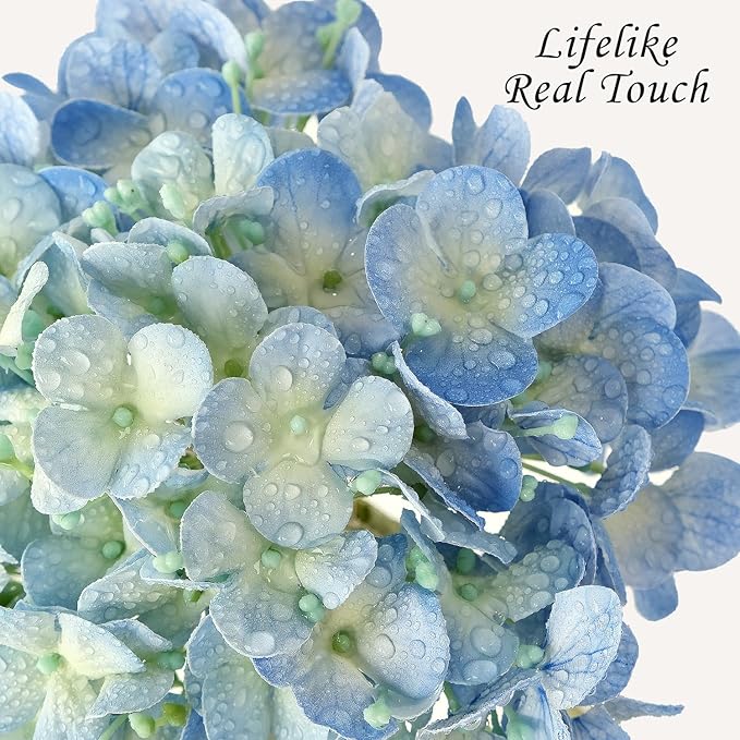 JINWOE Blue Faux Hydrangea Flowers for Decoration,4Pcs 20" Real Touch Lifelike Faux Flowers, Full Fake Artificial Hydrangeas with Stems for Bouquet Table Centerpieces Spring Home Decoration