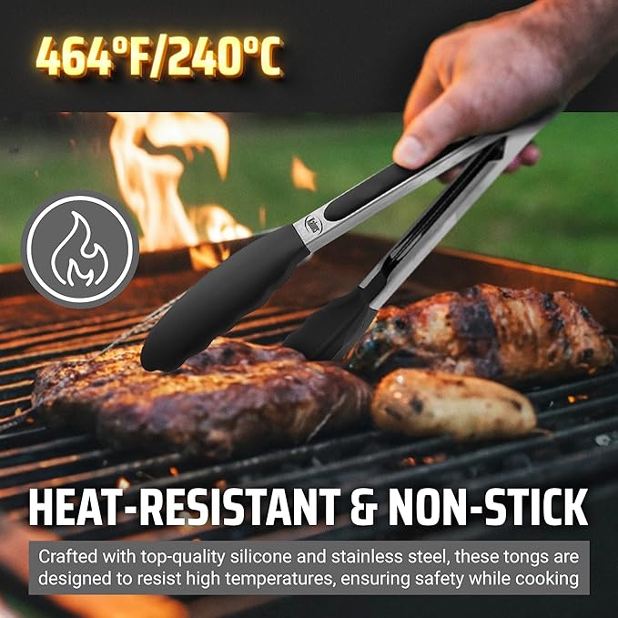 Kaluns Kitchen Tongs for Cooking Grilling Set of 4, BBQ Grill Tongs With Silicone Tip Stainless Steel Heat Resistant, Non-stick Pull Lock, Incl 7, 9, 12 Inch Tong Plus a Silicone Spatula