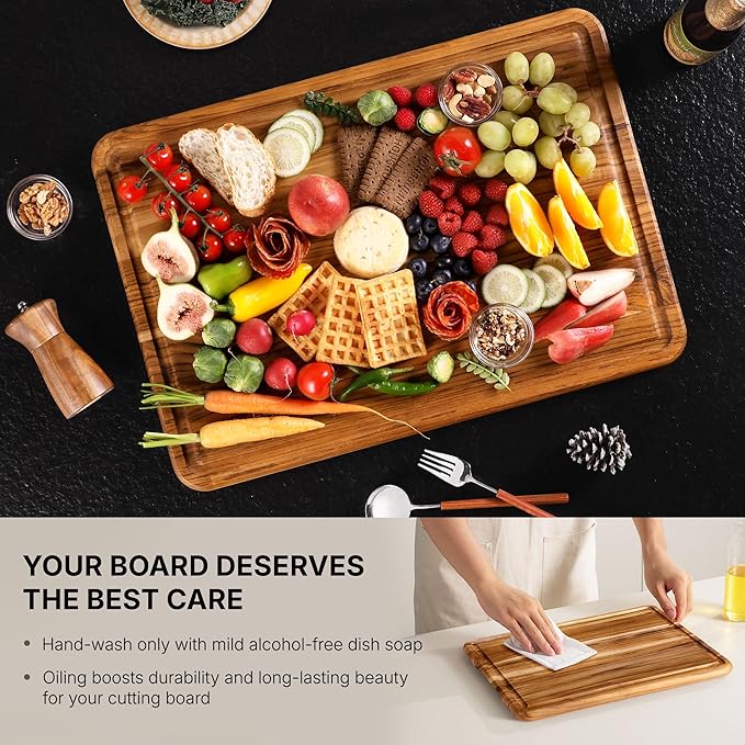 2 Pack Teak Wood Cutting Board for Kitchen Book Wooden Chopping Board Charcuterie Board Non Slip Over Sink Teak Wood NOT Bamboo Acacia Olive
