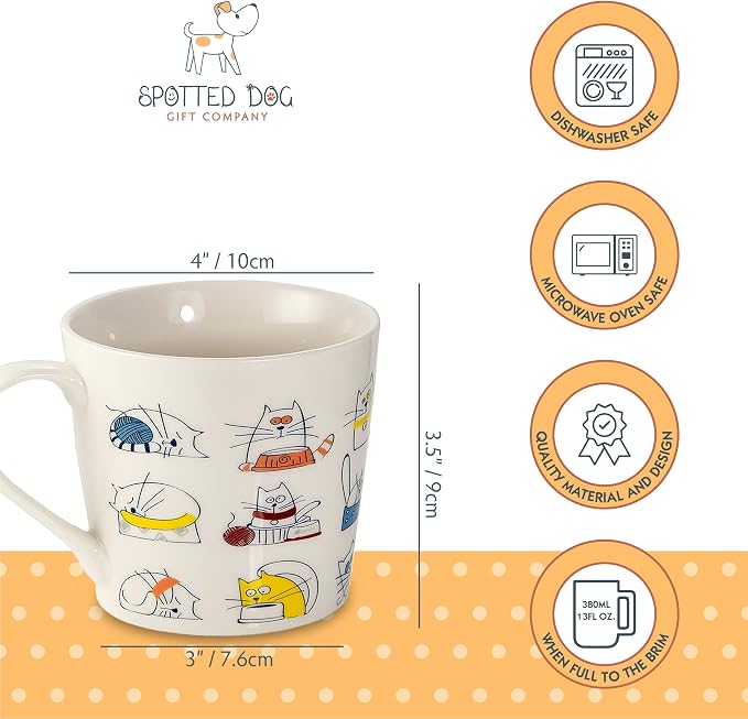 SPOTTED DOG GIFT COMPANY Cat Mugs, 13 oz Coffee Mug Set of 4, Funny Cartoon Cats Themed Ceramic Tea Cups, Microwave & Dishwasher Safe, Cute Cat Gifts for Women and Animal Lovers