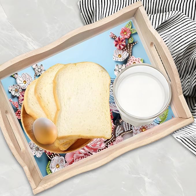 BAYUNOE DIY Diamond Serving Tray Rectangular Breakfast Tray with Handle Handmade Diamond Art Painting Wooden Tray Spring Creative Dinner Plate Coffee Room Living Home Organizer-Bird Flower