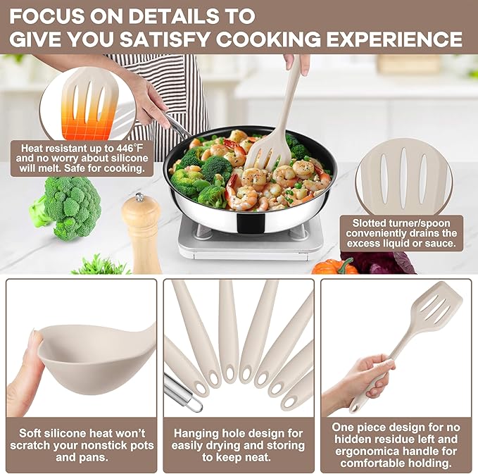 TeamFar 8 PCS Silicone Cooking Utensils - 446°F Heat Resistant Kitchen Silicon Utensils Set, Turner, Spatula, Spoon, Whisk, Kitchen Cooking Gadgets Tools for Nonstick Cookware, Dishwasher Safe-Khaki