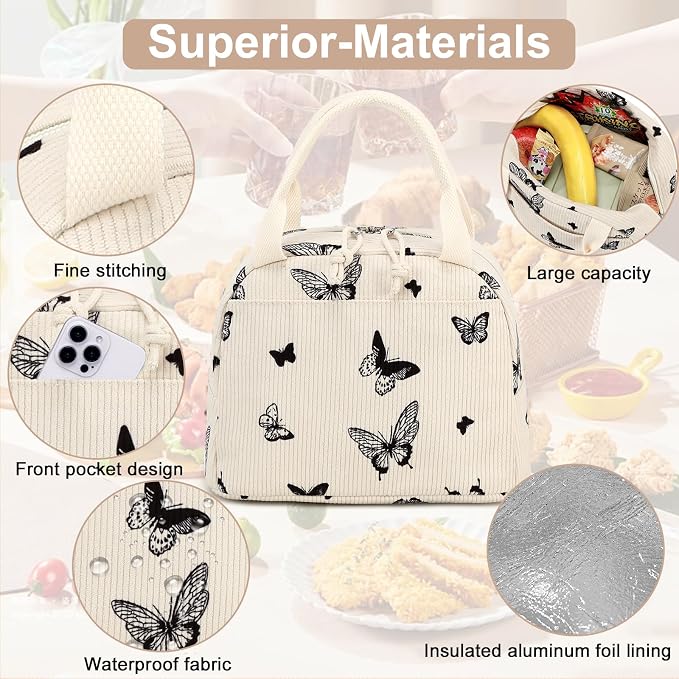 LEDAOU Lunch Box for Women Insulated Lunch Bag Corduroy Lunch Tote Bags Leakproof Cooler Lunch Case for Travel Work Picnic (Corduroy Beige-Butterfly)