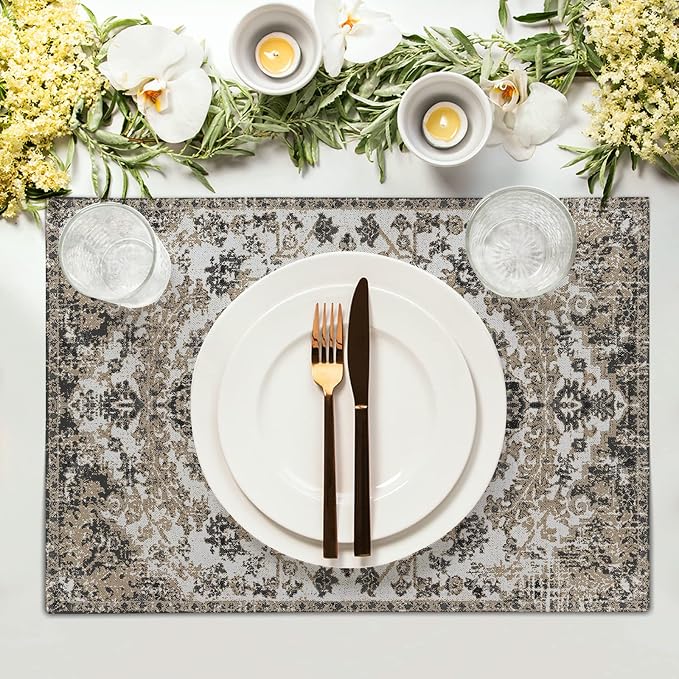 Ethnic Boho Placemats Set of 4 Bohemian Carpet Vintage Gray Floral Linen Washable Kitchen Dining Southwestern Table Mats Stain Heat-Resistant Desktop Decor Place Mats for Home Party Indoor 12x18 in