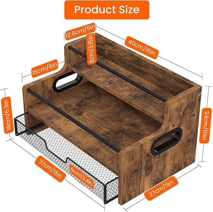 Homode Coffee Syrup Organizer Rack, 3-Tier 8 Bottles Syrup Stand with 35 K Cup Storage Drawer for Coffee Station Bar Accessories, Countertop Wood Liquor Bottle Holder for Wine, Rustic Brown