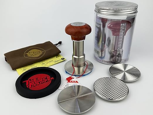 KuGuo The Force Tamper Automatic Impact Adjustable Constant Pressure and Autoleveling Coffee Tamper Reddish Brown Jellyfish Wooden Handle Set Pro (TRI-Distribute Set, 58.35mm)