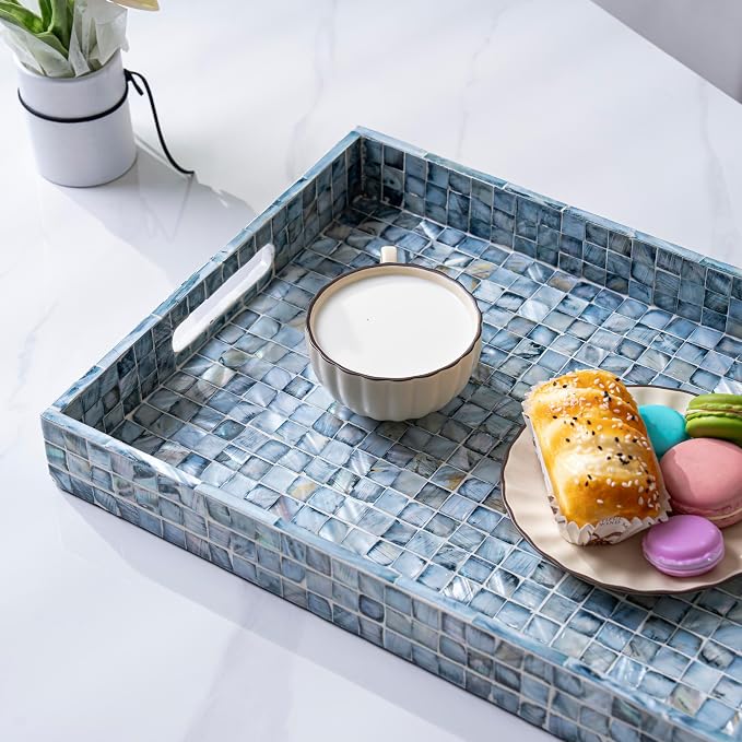 PEMAR Rectangular Mother of Pearl Serving Tray Nacre Wood Lap Ottoman Tray for Coffee Table, Luxury Decorative Handmade Eating Platters w Insert Handles (Blue)