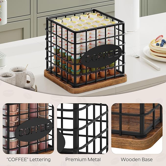 YATINEY Coffee Pod Holder for K Cup, Large Capacity Coffee Pod Organizer, Versatile Coffee Capsule Storage Basket with Wooden Base, Rustic Brown KH10BR