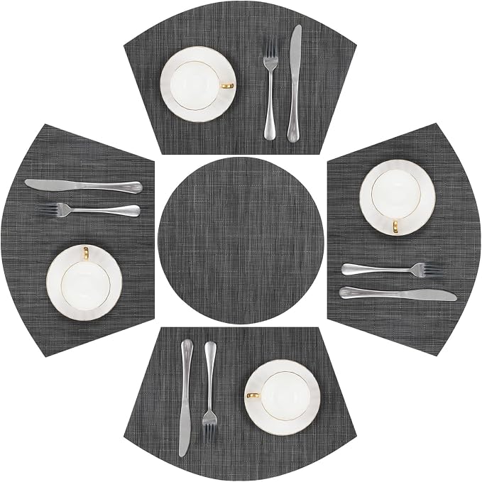 SHACOS Small Round Table Placemats Set of 5 Woven Vinyl Wedge Placemats with Centerpiece Round Table Mats Heat Resistant Wipe Clean (5, Black Gray)