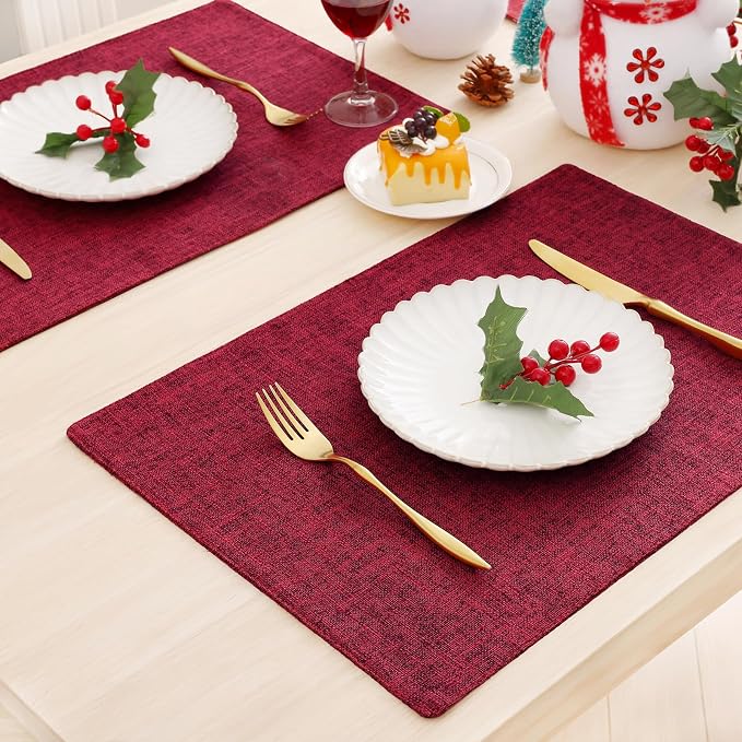 homing Faux Cotton Linen Placemats Set of 6, Cloth Washable Farmhouse Dining Table Mats for Indoors & Outdoors, Easy to Clean, Red, 13 x 19 Inch