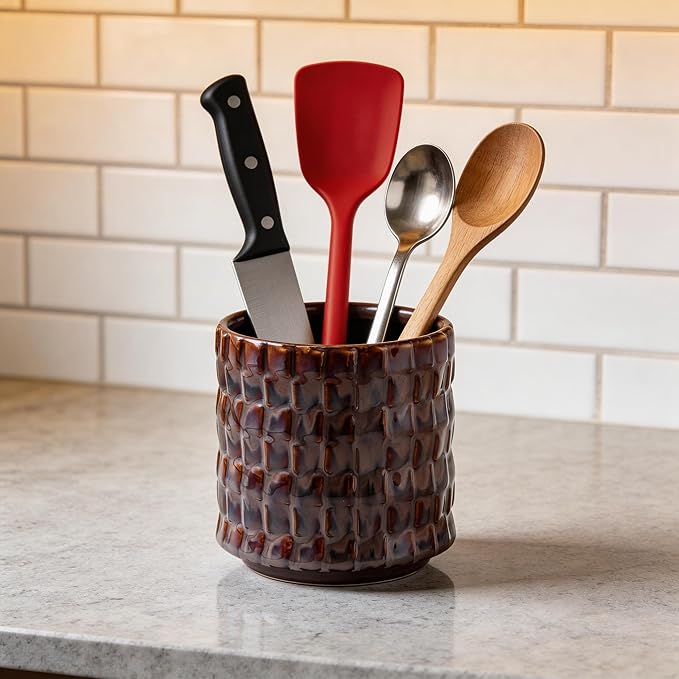 Utensil Crock Kitchen Utensil Holder, 5 Inches Small Ceramic Utensil Holder for Countertop, Unique Embossed Checkered Pattern, Cooking Utensil Crocks for Kitchen, Home Decor Gift 1 PC Plum Bronze