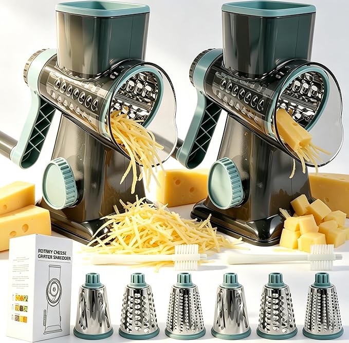 2-Pack Rotary Cheese Grater with Handle, Stainless Steel Blades, Hand Crank Vegetable Chopper for Nuts/Cabbage/Garlic, Easy Clean & Space Saving, Ideal Kitchen Gadget Gift