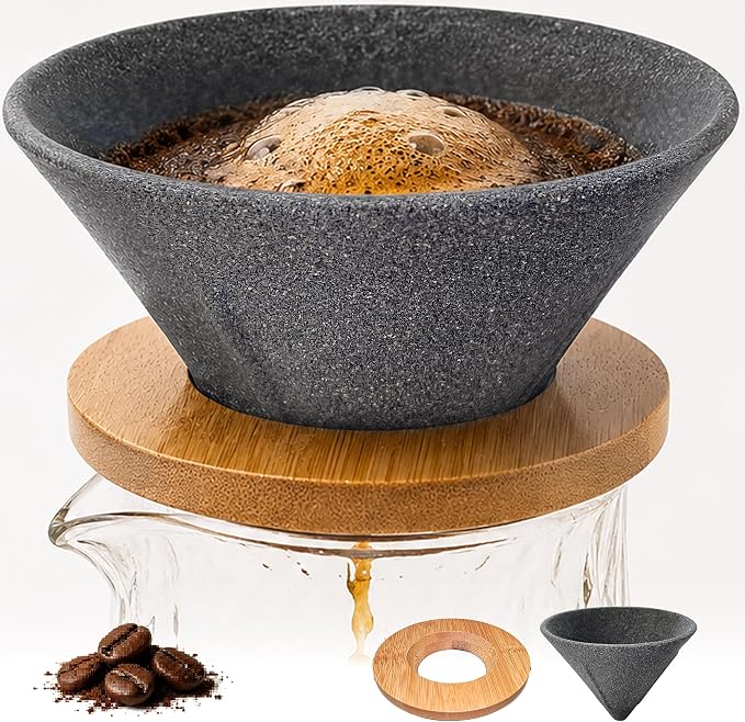 Reusable Drip Ceramic Coffee Filter With Premium Bamboo Tray, High Temperature Resistant, No Paper Pour Over Coffee Makers, Large Capacity for Home-Office-Travel Coffee Brewing
