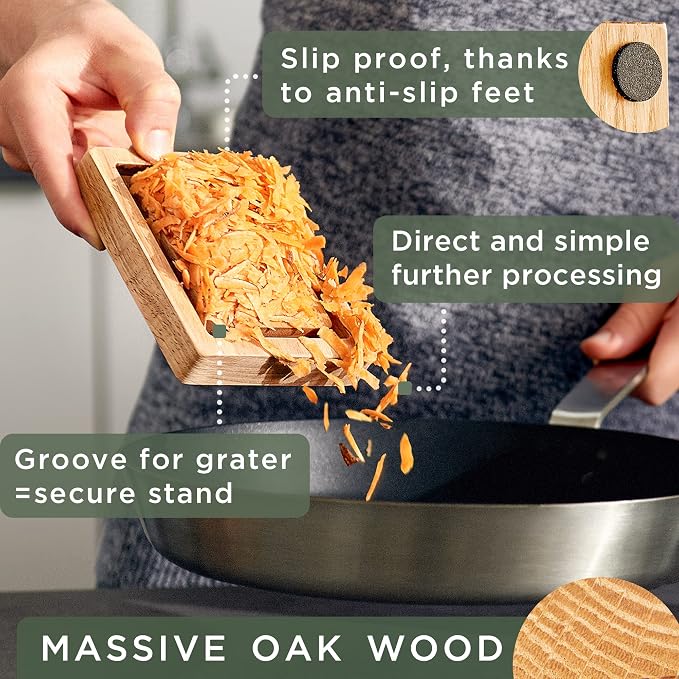 WALDWERK Premium Grater with Etched Stainless Steel Blades - Grater for Kitchen with Oak Wood Base - Box Grater with 4 Sides for Parmesan Cheese, Vegetables, Carrots, or Potatoes - Cheese Grater