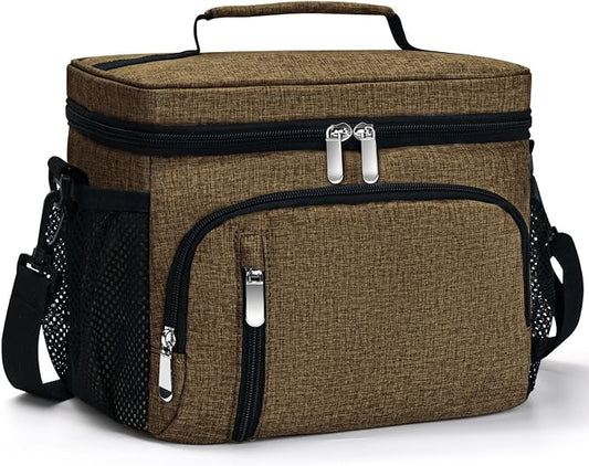 Insulated Lunch Bag for Men & Women, 9L Leakproof Lunch Box Soft Cooler Tote with 5 Pockets, 600D Oxford, EVA Lining, Adjustable Strap for Work, Picnic, Beach&Travel-Coffee