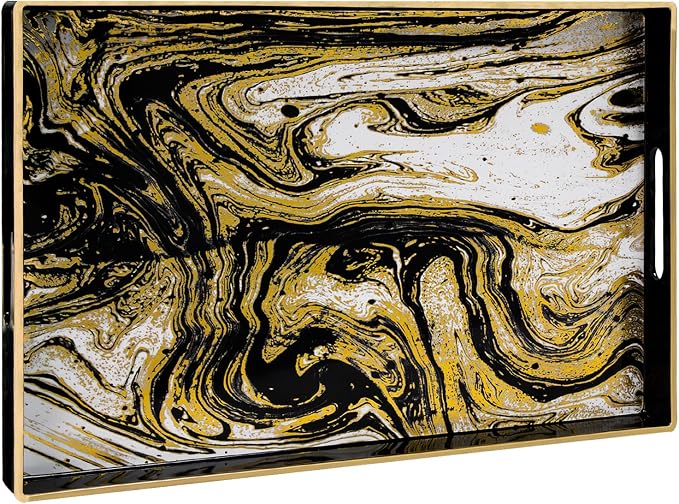 MAONAME Black Decorative Tray with Handles, Plastic Serving Tray for Coffee Table, Marbling Rectangular Trays for Ottoman, Bathroom, Storage, 15.7" Lx 10.2" W X 1.57" H