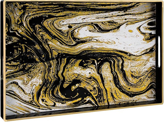 MAONAME Black Decorative Tray with Handles, Plastic Serving Tray for Coffee Table, Marbling Rectangular Trays for Ottoman, Bathroom, Storage, 15.7" Lx 10.2" W X 1.57" H