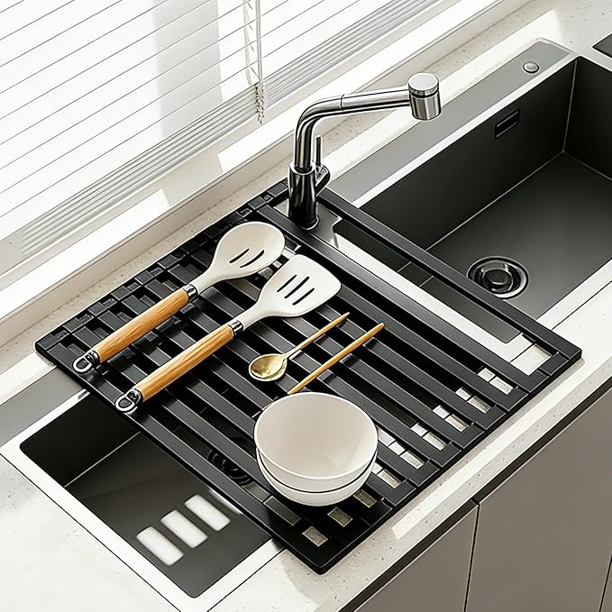 Foldable Over Sink Dish Drying Rack, Extra Wide & Thick Rust-Proof Aluminum Sink Cover for Counter Space, Collapsible Dish Drying Rack Fits Most Kitchen Sinks (Black, 20.5“x13.6)
