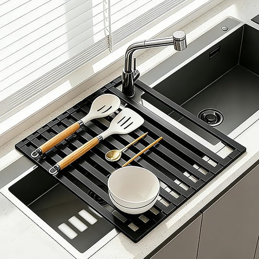 Foldable Over Sink Dish Drying Rack, Extra Wide & Thick Rust-Proof Aluminum Sink Cover for Counter Space, Collapsible Dish Drying Rack Fits Most Kitchen Sinks (Black, 20.5“x13.6)